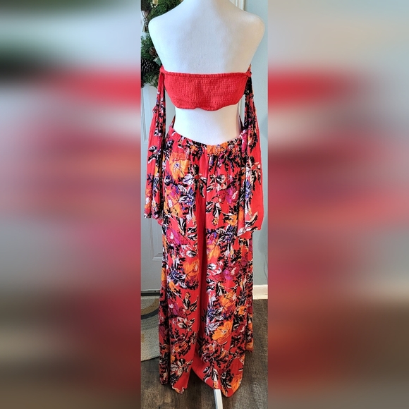 Free People Falling Flowers Jumpsuit Womens M Red Multi Floral Cutout Flowy Boho - Picture 5 of 16